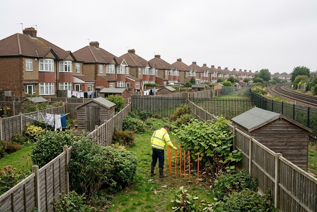 A surveyor staking out a stand along a long back garden.